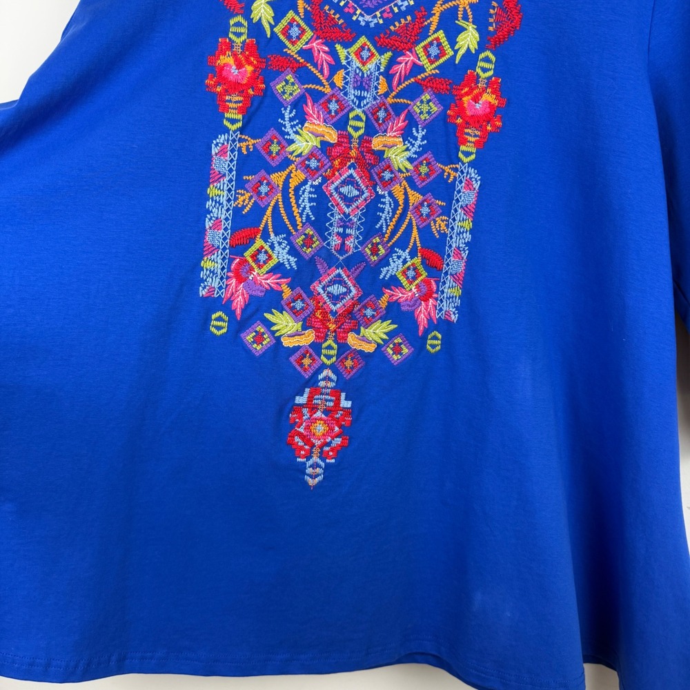 Calessa Embroidered Tunic Top Womens Large Blue Boho Peasant 3/4 Sleeve V-Neck - Picture 3 of 12